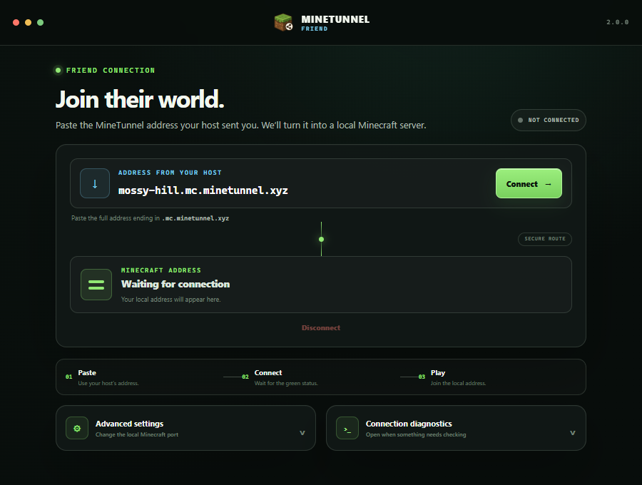 MineTunnel Friend app with a host address pasted and ready to connect