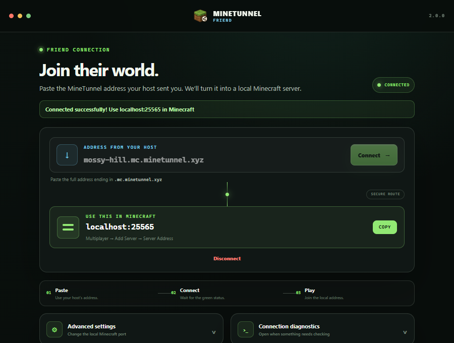 MineTunnel Friend app connected and showing localhost 25565 for Minecraft
